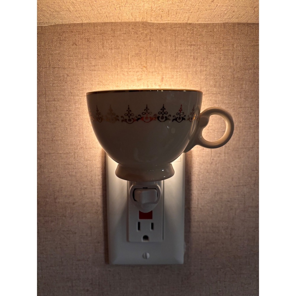 Vintage Teacup Night Light Gold Filigree Cream Cottagecore Decor